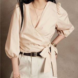 Organic Cotton Puff-Sleeve Wrap Blouse
Color:	Barely Beige